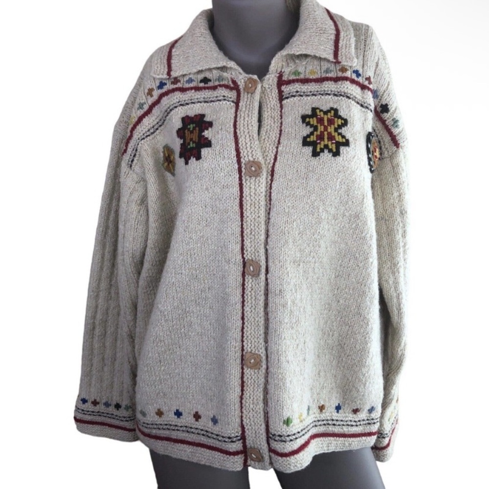 Vintage Indigenous Designs Sweater Medium Beige Wool Embroidered Hand Knit  M